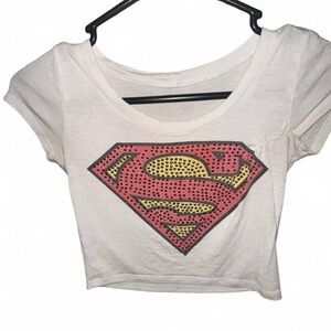 white Superman crop top with rhinestones